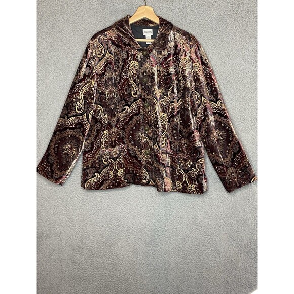 VTG Velvet Blazer XL 90s Y2K Boho Paisley Jacket Gold Burgundy Rayon Silk USA - Picture 1 of 16